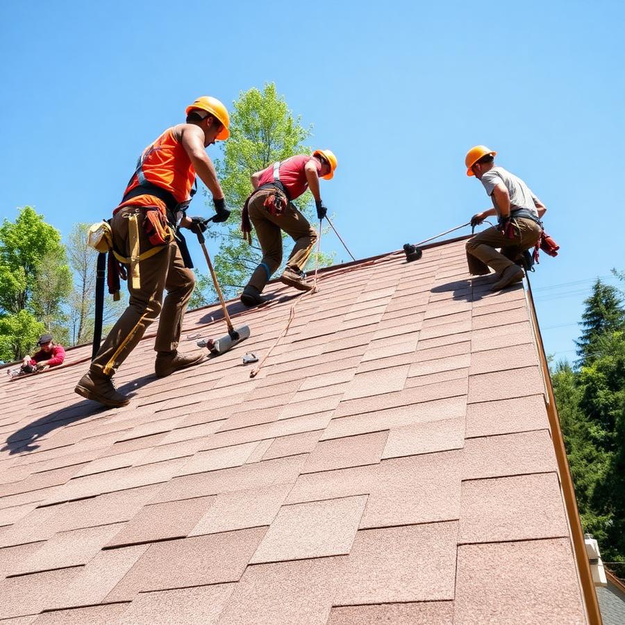 JM Roofing crew installing shingles on a steep roof
